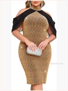 Plus Size Sparkly Party Dress Bodycon Halter Neck with Cape Cocktail Glitter